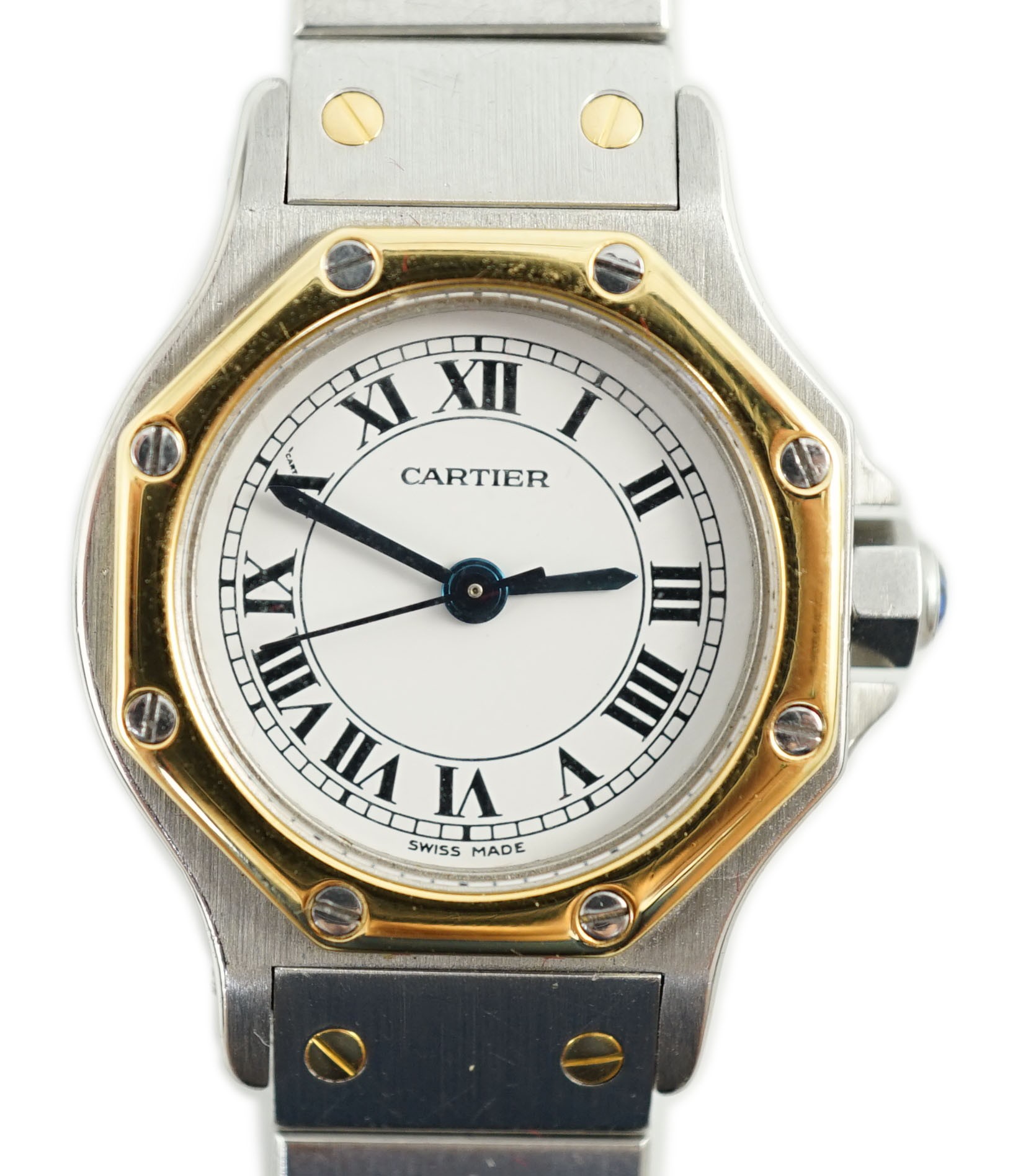 A lady's modern steel and gold Cartier Santos Ronde manual wind wrist watch, on Cartier bracelet with deployment clasp
